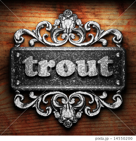 trout word of iron on wooden background trout word of iron on wooden background 14550200