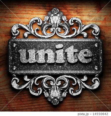 unite word of iron on wooden background 14550642