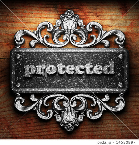 protected word of iron on wooden background 14550997