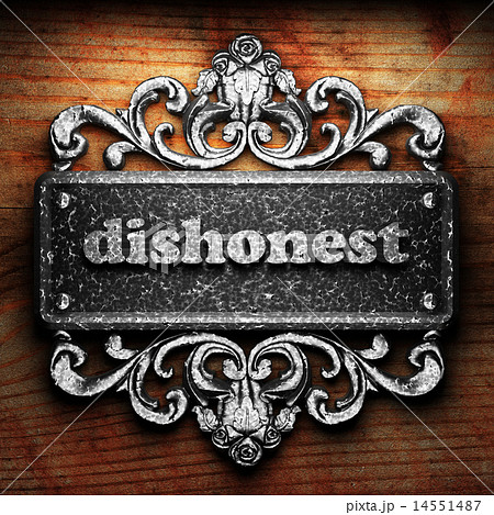 dishonest word of iron on wooden background dishonest word of iron on wooden background 14551487