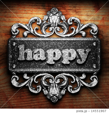 happy word of iron on wooden background 14551907