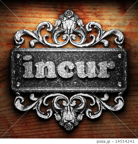incur word of iron on wooden background 14554241