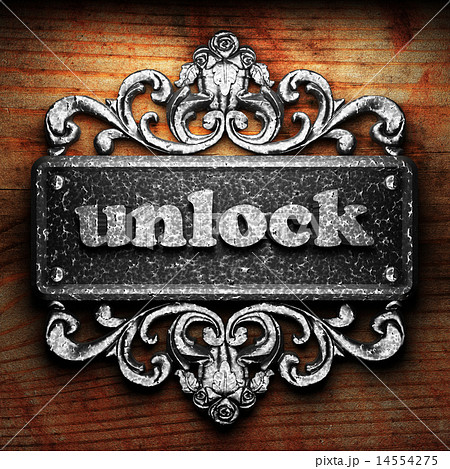 unlock word of iron on wooden background 14554275