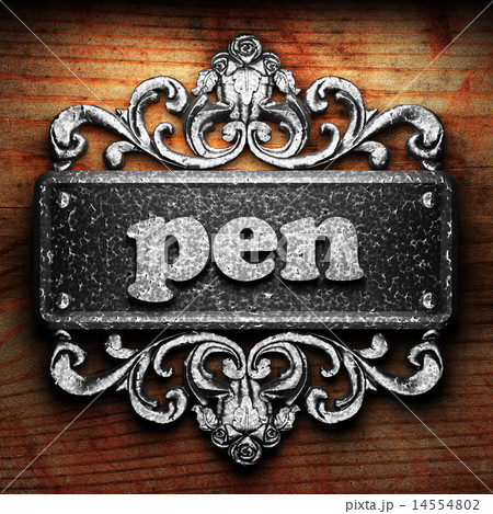 pen word of iron on wooden background 14554802