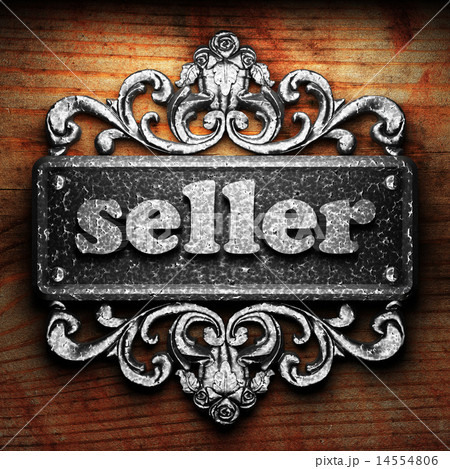 seller word of iron on wooden background 14554806