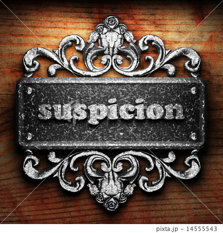 suspicion word of iron on wooden background 14555543