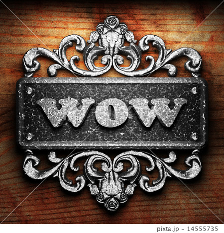 wow word of iron on wooden background 14555735