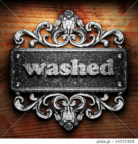 washed word of iron on wooden background 14555808