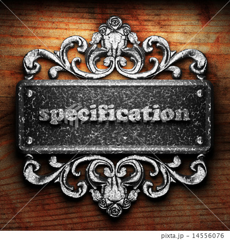 specification word of iron on wooden background 14556076