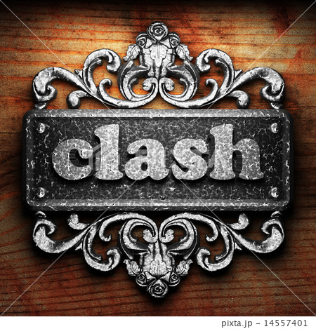 clash word of iron on wooden background clash word of iron on wooden background 14557401