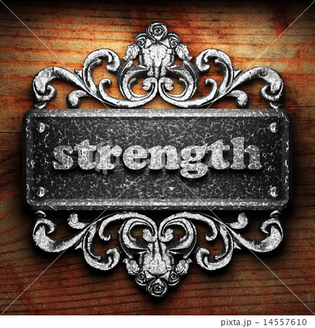 strength word of iron on wooden background 14557610