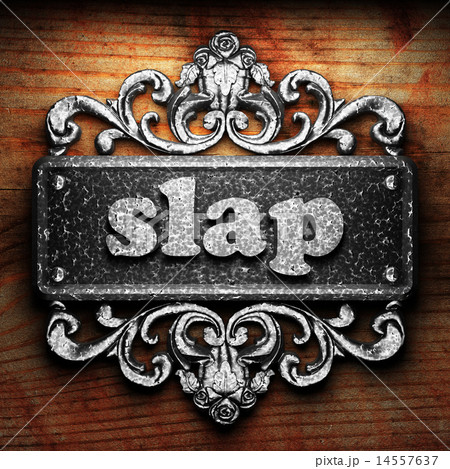 slap word of iron on wooden background 14557637