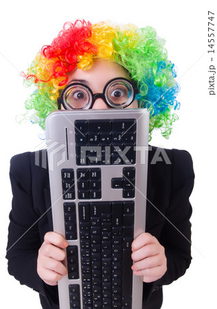 Funny clown with keyboard on white Funny clown with keyboard on white 14557747