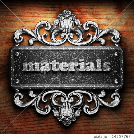materials word of iron on wooden background 14557767