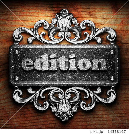 edition word of iron on wooden background 14558147