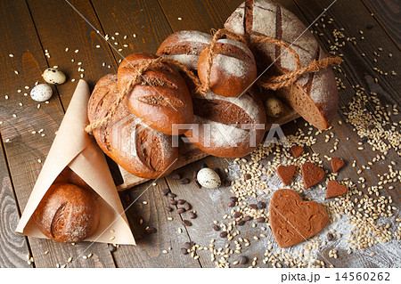Variety of rye bread on a wooden background 14560262