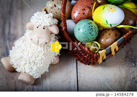 Easter decoration with eggs and cute lamb  14564279