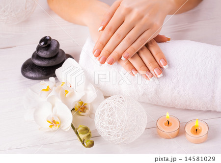 french manicure and wnite orchid flower french manicure and wnite orchid flower 14581029