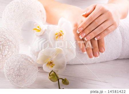 beautiful french manicure with white orchid beautiful french manicure with white orchid 14581422