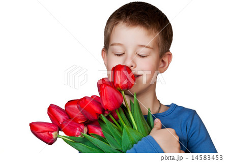 Young boy holding tulips 14583453