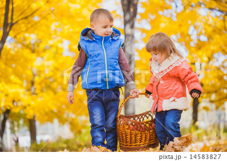 children with basket in the autumn park 14583827