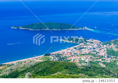View on mountain, sea, Budva and Sveti Nikola 14613353