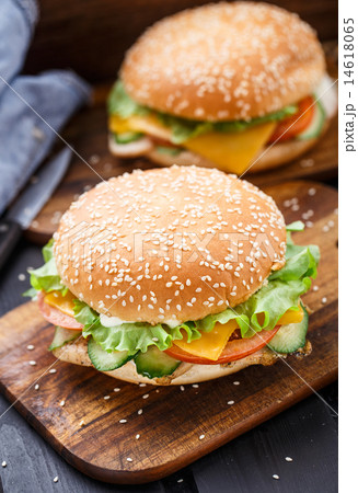 Cesare burger on wooden board 14618065