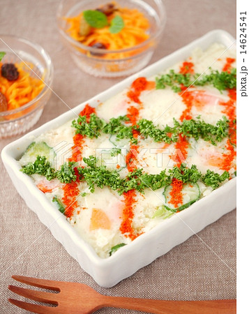 デコレーションポテトサラダとキャロットラぺ　（ハイアングル・背景茶） 14624541