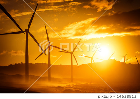 Wind turbine silhouettes at ocean coastline Wind turbine silhouettes at ocean coastline 14638913