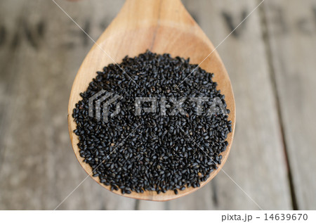 Black Sweet Basil seeds on wooden paddle 14639670