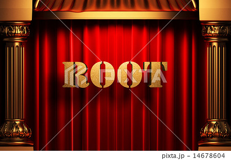 root golden word on red curtain 14678604