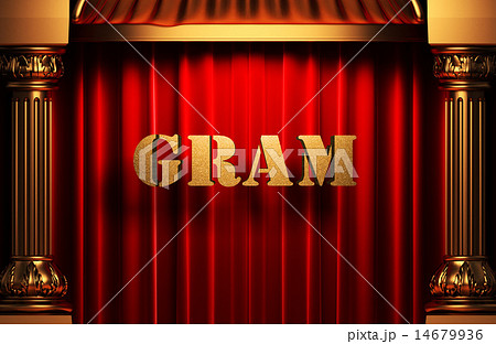 gram golden word on red curtain 14679936