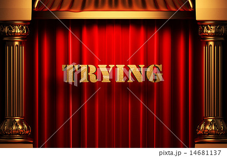trying golden word on red curtain 14681137