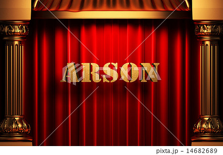 arson golden word on red curtain 14682689