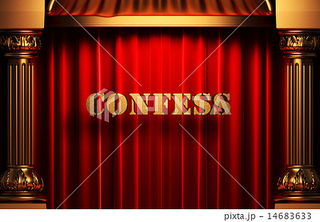 confess golden word on red curtain 14683633