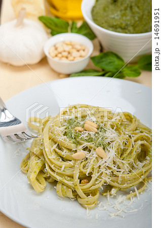 Italian traditional basil pesto pasta ingredients Italian traditional basil pesto pasta ingredients 14691951