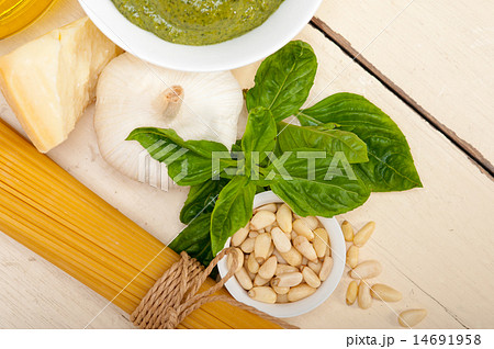 Italian traditional basil pesto pasta ingredients Italian traditional basil pesto pasta ingredients 14691958