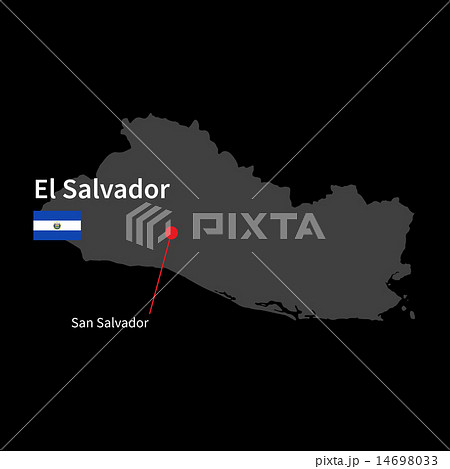 Detailed map of El Salvador and capital city San Salvador with flag on black background 14698033