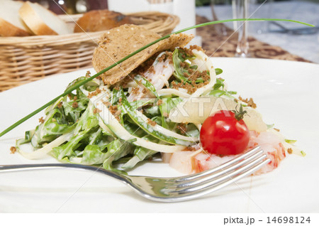 salad greens and shrimp meat on a white background salad greens and shrimp meat on a white background 14698124