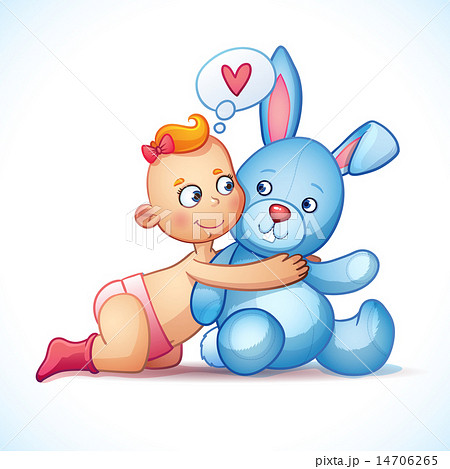 Baby girl redhead hugs bunny toy on a white background. Easter plush toy.  14706265