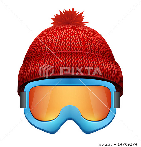 Knitted woolen cap with snow goggles. Winter seasonal sport hat.  14709274