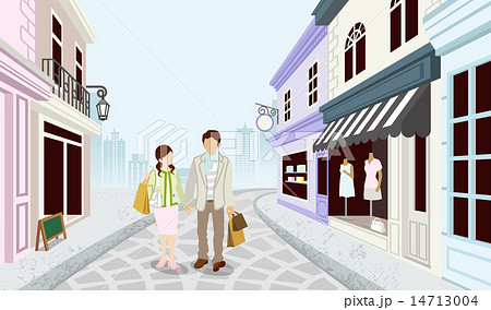 買い物するカップル 商店街のイラスト素材