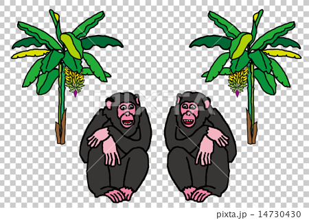 猿のイラストの16年申年年賀状素材とバナナの木とバナナの実のイラスト素材