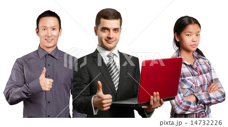 Asian team and male in suit with laptop in his hands Asian team and male in suit with laptop in his hands 14732226