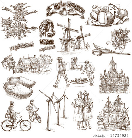 Holland travel - An hand drawn pack on white Holland travel - An hand drawn pack on white 14734922
