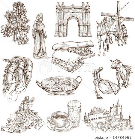 Spain travel - An hand drawn pack on white 14734965