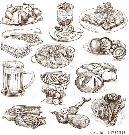 Food around the World - Hand drawings on white Food around the World - Hand drawings on white 14735513