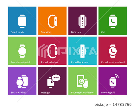 Smart hand gadget icons on color background. 14735766