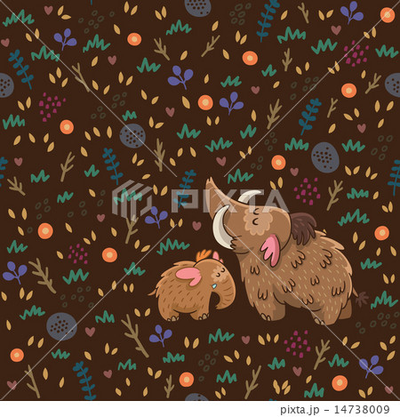 Cute floral seamless pattern with mammoths 14738009
