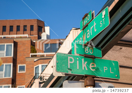 Pike place street sign in downtown Seattle 14739237